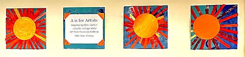 Student artwork of suns inspired by the illustrating style of Eric Carle.